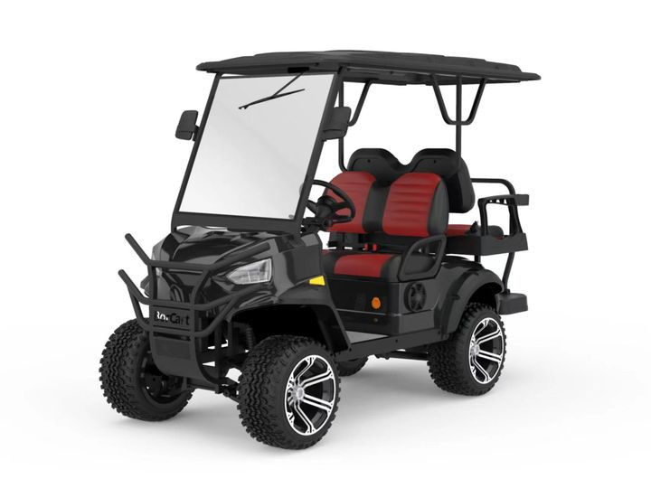 Electric Golf Cart Featuring Spacious 2+2 Seating Bold Black And Red Color Blocking Design For Enhanced Comfort And Style On Golf Course