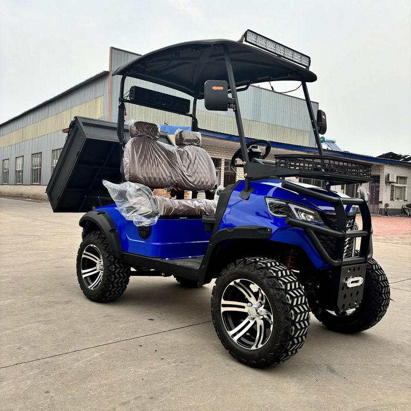 Sapphire Blue Hai chỗ ngồi xe golf điện với thùng có thể nghiêng cao mã lực tùy chỉnh màu sắc và logo